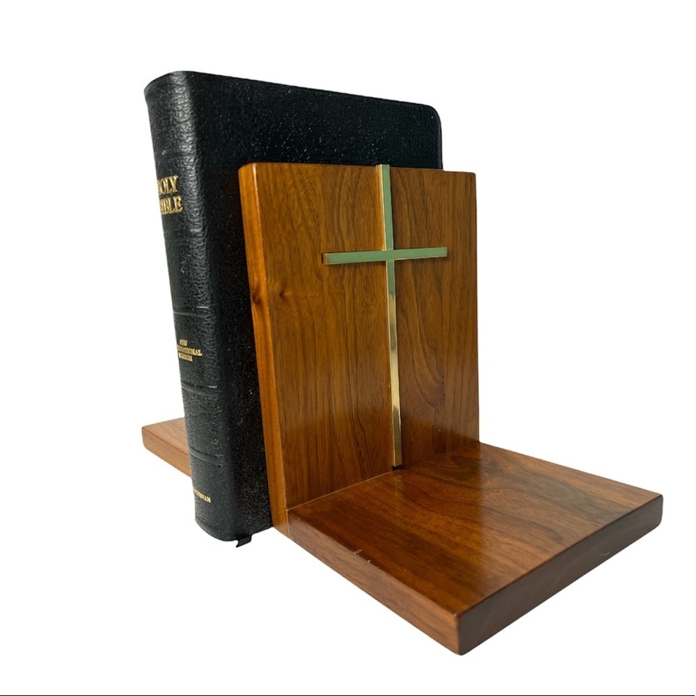Mid-Century Modern Pair of Wooden Bookends with Gold Plated Religious Cross‎